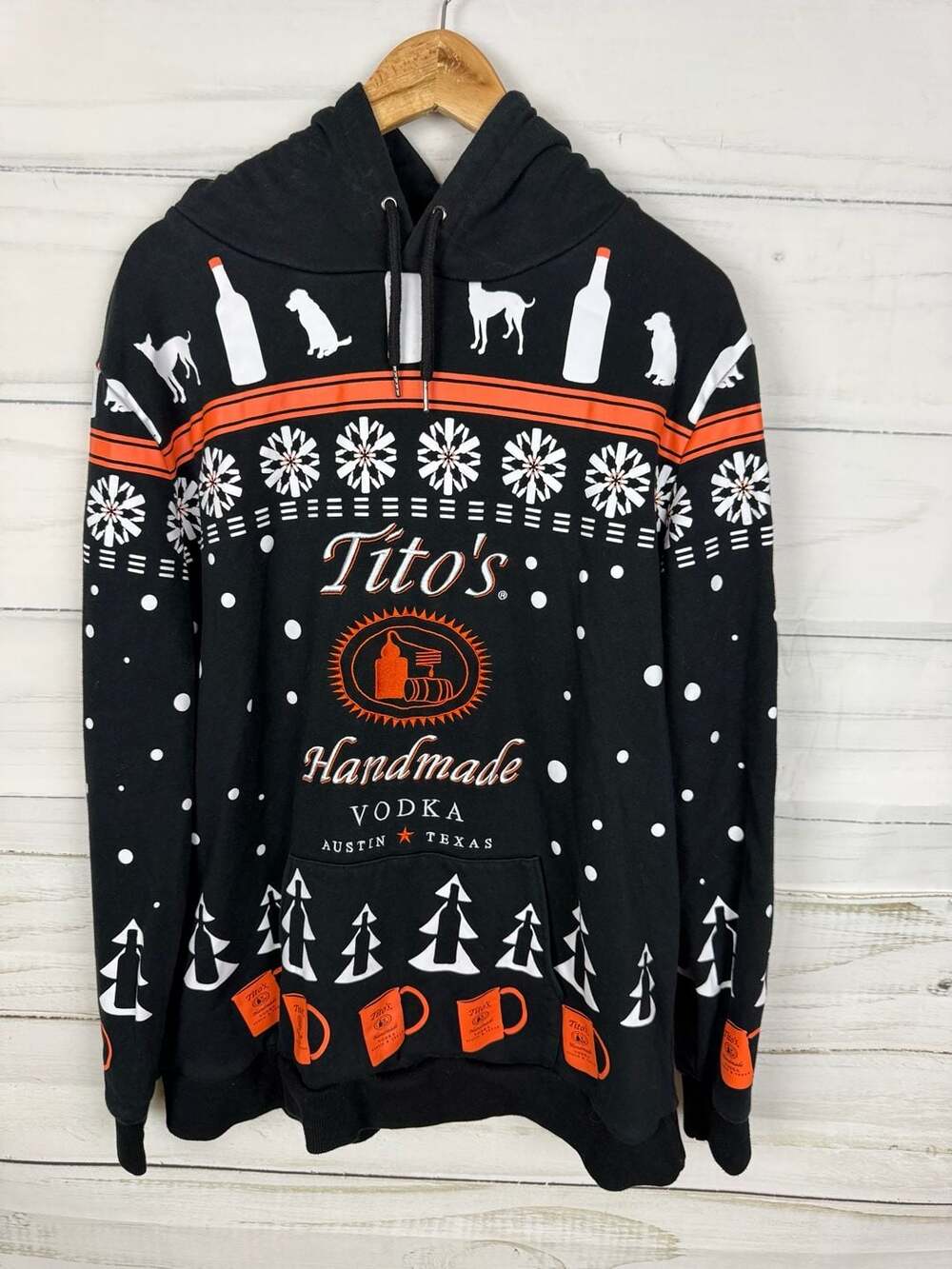 Tito's Handmade Vodka Ugly Christmas Hoodie Black Snowflake Dog Mugs Size L